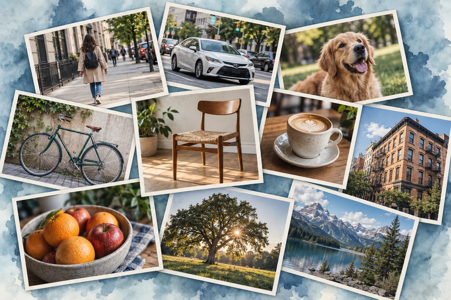 A collage of everyday natural photos — people, cars, a dog, furniture, food, landscapes