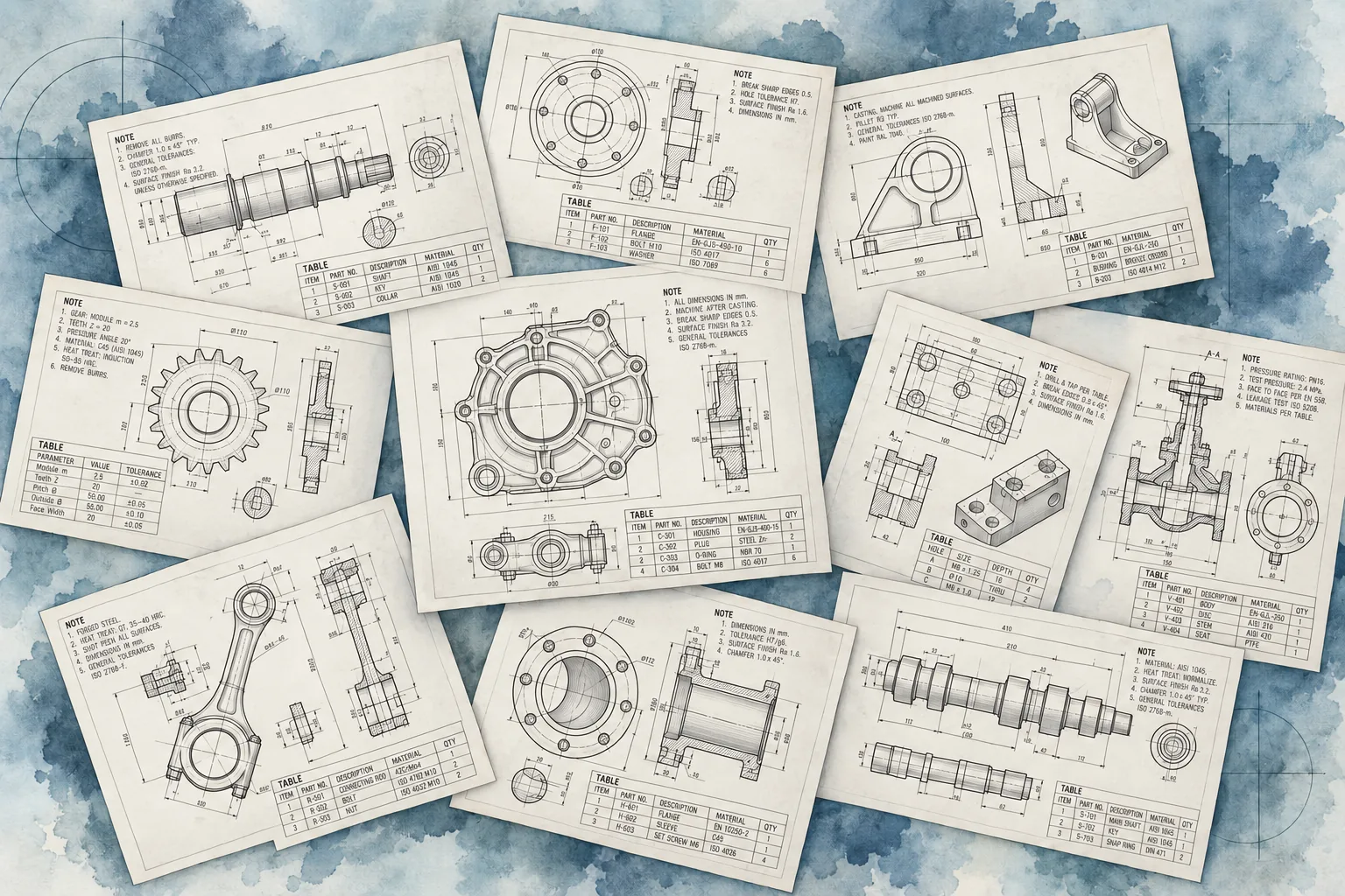 A collage of technical engineering drawings — thin black lines, small text, and repeated symbols on a plain white background