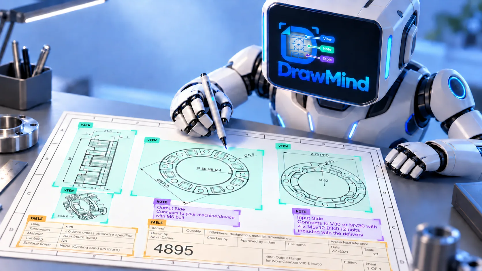 DrawMind reading and classifying View, Note, and Table regions on a technical engineering drawing
