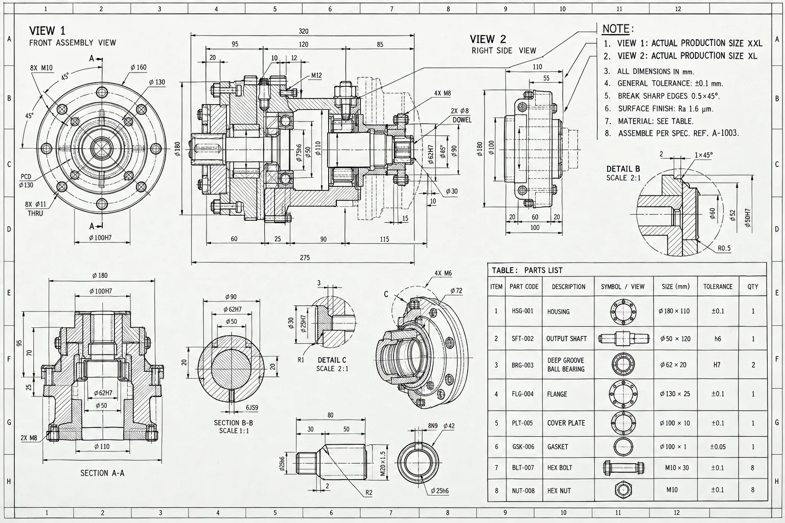A real technical engineering drawing — multiple views, a detail callout, section cuts, and a parts table